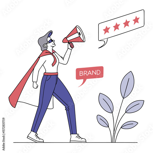 Woman with cape holding megaphone promoting brand with positive star rating next to a plant design