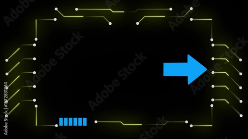 Neon Glowing Box Frame with Directional Arrow Icon Animation. Futuristic UI Element with Smooth Motion, Tech Arrow Indicator, and Seamless Loop for HUD and Digital Interface Design
