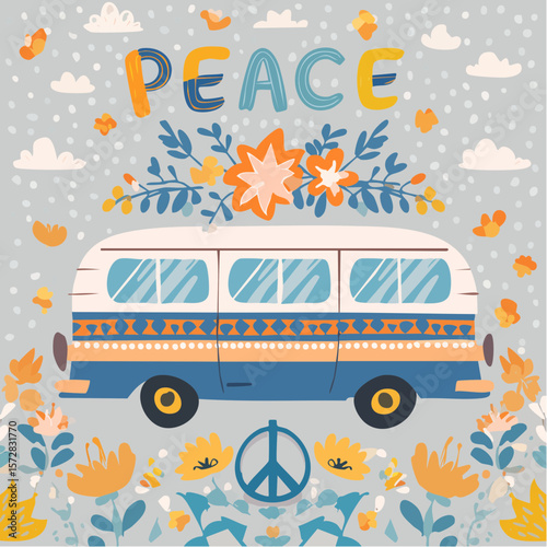 Abstract vector illustration of cute hippie van and peace lettering. Camping bus with flowers in vintage groovy style. Cartoon funny car drawing. Hand drawn symbol of tourism and adventure