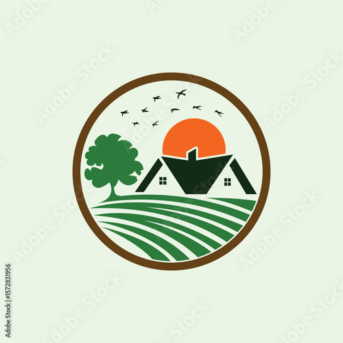 Farmhouse with Sunset and Field Logo Design