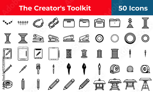 Art and craft icon set for creative design projects, a collection of outline symbols for painting, drawing, and school supplies.
