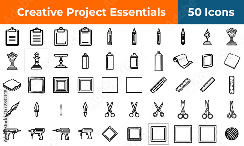School and craft supply icon set for DIY projects and education, a collection of outline vector symbols for creative activities.
