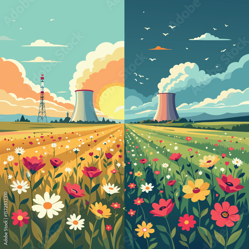 Pixel Art Landscape Showing a Nuclear Power Plant Cooling Towers Amidst a Vibrant Flower Field During Day and Night Under a Cloudy Sky