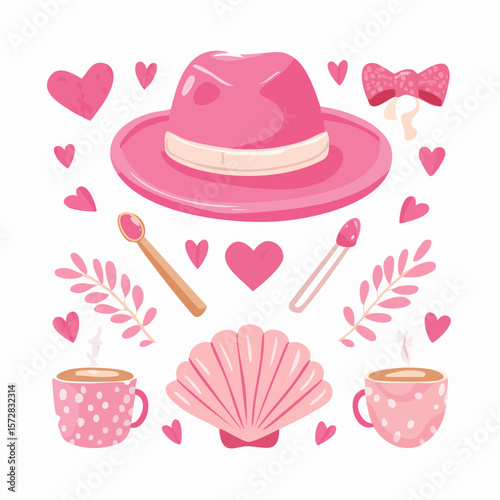 Set of y2k pink girly clipart. Cute cowboy hat, bow, heart, matches, shell, cup. Trendy coquette stickers. 2000s aesthetic. Funky vector elements for card, poster, collage design