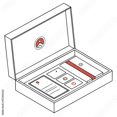 Isometric view of an open box with compartments containing various items and a logo on the inside lid