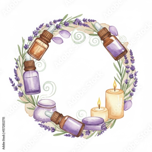 Aromatic essential oils and candles arranged in a lavender wreath with copy space