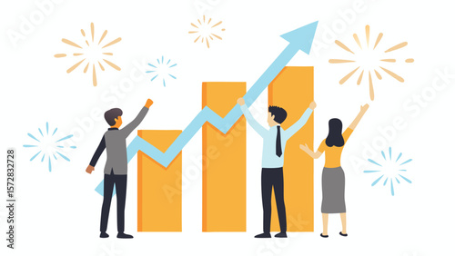 Business team celebrating financial growth with upward arrow and bar graph illustration success concept