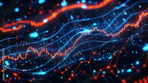 Abstract data visualization showing complex network patterns with lines and dots of blue and orange light
