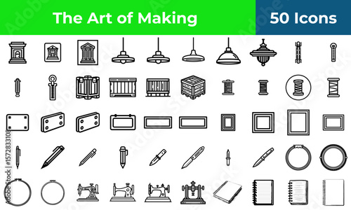 Art and craft icon set for industrial and vintage design, a collection of outline symbols for sewing, writing, and workshop tools.
