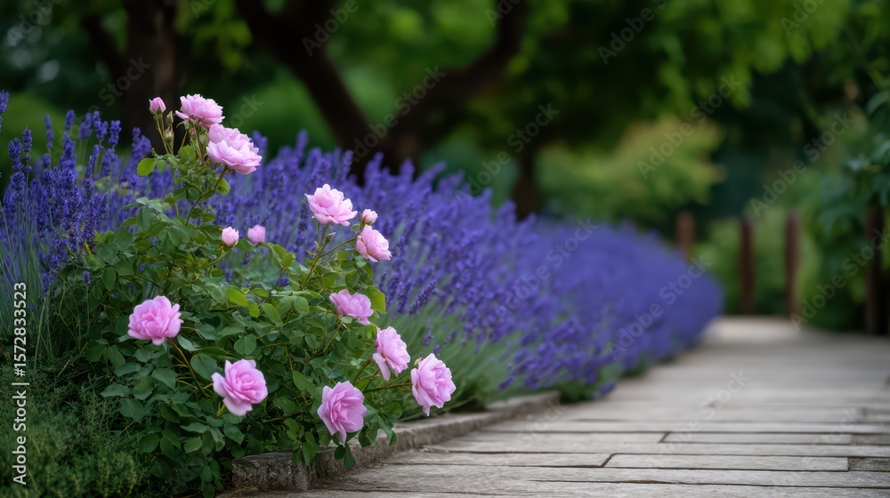 Obraz premium Serene Pathway Through Vibrant Lavender and Pink Roses in Lush Green Garden Setting with Soft Natural Light