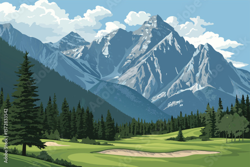 Vector dramatic mountain range behind a golf course.