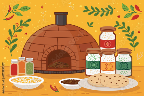 Colorful vector art illustrating an Indian restaurant kitchen with a traditional tandoor oven and spices.