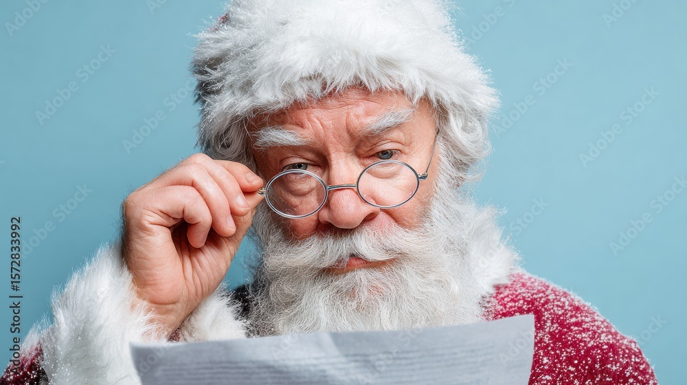 Obraz premium Santa Claus wearing glasses reads a letter indoors with warm lighting and festive holiday decor.
