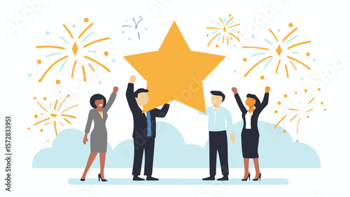 Illustration of four people celebrating with a large star and fireworks in the background with clouds
