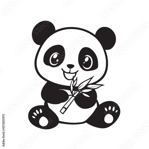 cute panda vector silhouette, Panda Vector illustration, a cute panda line art, Minimal panda silhouette vector, Black vector silhouette of a panda sitting and eating bamboo