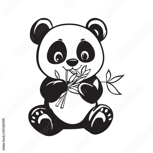 cute panda vector silhouette, Panda Vector illustration, a cute panda line art, Minimal panda silhouette vector, Black vector silhouette of a panda sitting and eating bamboo