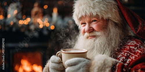 Santa Claus holding a steaming cup of hot chocolate by a cozy indoor fireplace at night.