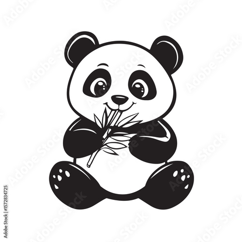 cute panda vector silhouette, Panda Vector illustration, a cute panda line art, Minimal panda silhouette vector, Black vector silhouette of a panda sitting and eating bamboo