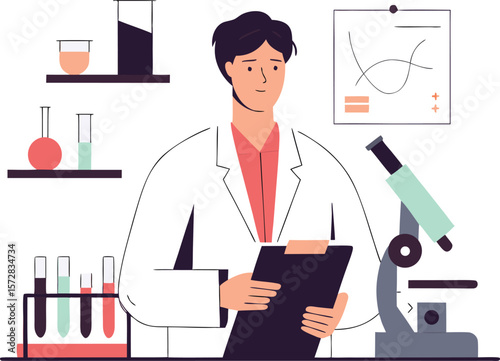Young scientist in lab coat using microscope in modern clean laboratory environment focused on exploration