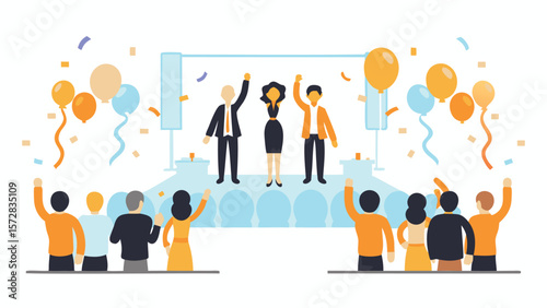 Celebration scene with people on stage balloons and confetti with an audience cheering below them all