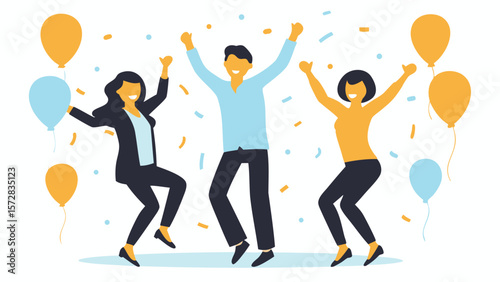 Illustration of three people celebrating with balloons and confetti in a joyful atmosphere scene