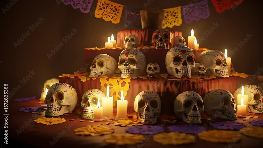 Colorful altar display with decorated sugar skulls, candles, and papel picado for celebration