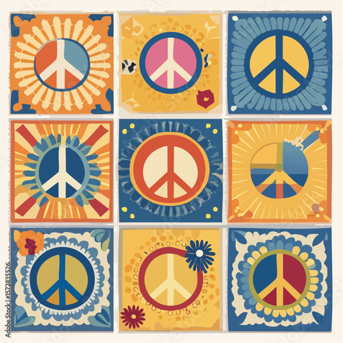Set of colorful groovy posters in 70s and 60s hippy art style. Abstrcat peace gesture and positive phrases illustrations for prints and cards. Vintage nostalgia vector postcards