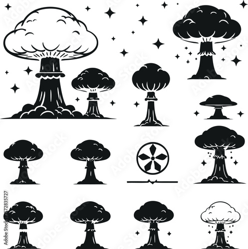 Collection of Nuclear Explosion Mushroom Cloud Icons and Symbols Representing Atomic Bomb Impact Danger and Power