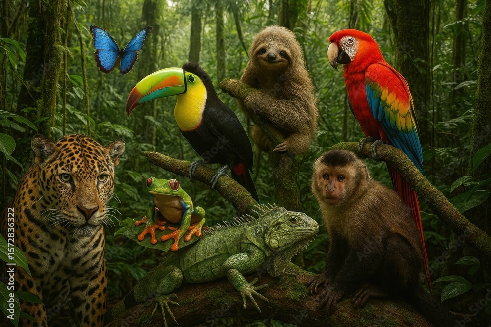 Fototapeta premium Vibrant rainforest wildlife gathering