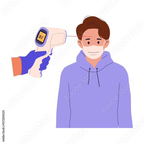 Man Temperature Screening with Infrared Thermometer. Flat Design Illustration. Illustrations for websites, landing pages, mobile apps, posters and banners