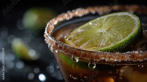 Refreshing cocktail with lime slices bar setting beverage photography dark background close-up shot flavorful experience