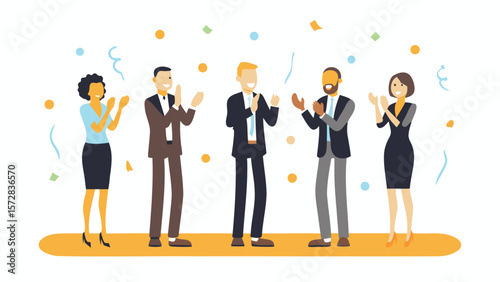 Group of business people celebrating with confetti and clapping hands in a flat vector illustration