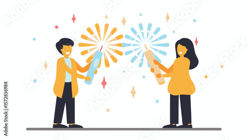 Two people celebrating with sparklers and confetti in a festive and joyful atmosphere depicted in flat design