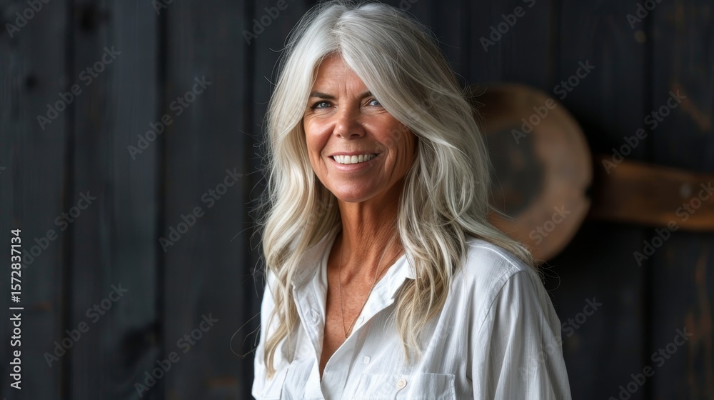 Fototapeta premium Elegant and mature woman with silver hair radiating confidence and warmth against dark backdrop