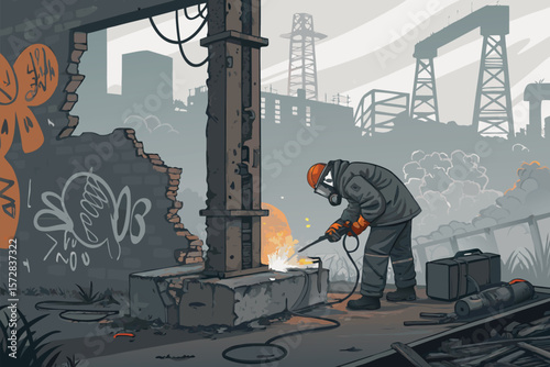 Dystopian scene of welding a ruined machine.