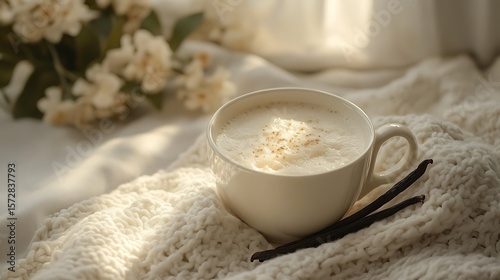A cup of creamy vanilla chai, with vanilla pods, in a relaxing indoor setting with space for text