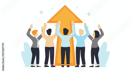 Group of people supporting an upward pointing arrow symbolizing growth and success with sparkle accents above it