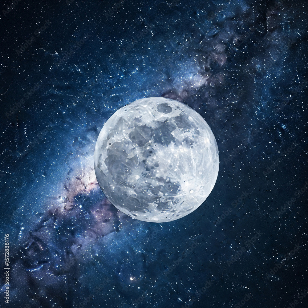 Naklejka premium A full moon shining brightly against a backdrop of a vibrant and colorful starry night sky scene view