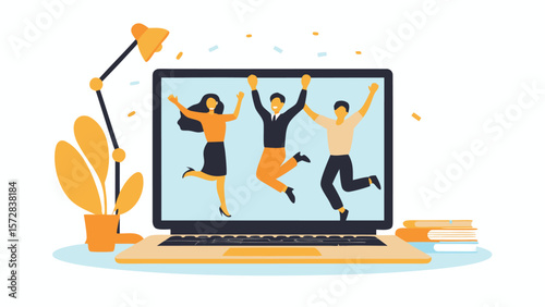 Laptop displaying three celebrating people with desk lamp and books on a white background design scene