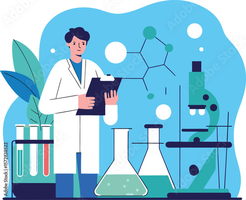 Modern male researcher surrounded by lab tools and molecular diagram in science setting with clean illustration style