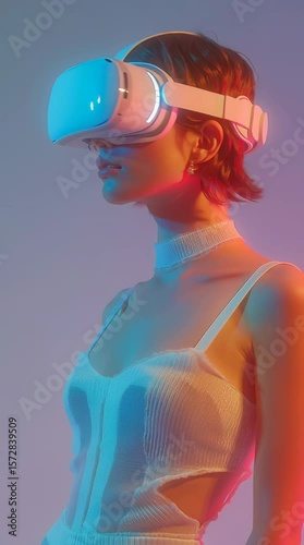  Virtual Reality woman in neon light engaging with air while gaming. virtual reality game, wearing VR headset that offers a 360-degree experience, set against a dark background illuminated by vibrant.