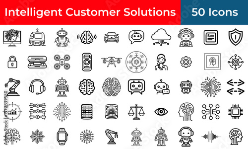 Customer service icon set for AI chatbot and support automation, a collection of outline vector symbols for helpdesk and user assistance.
