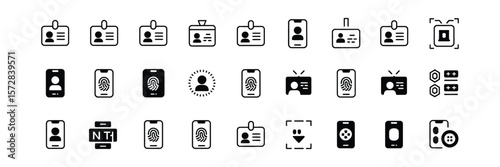 Black ID Card Badges and Mobile Phone Identification Icons Set on Transparent Background
