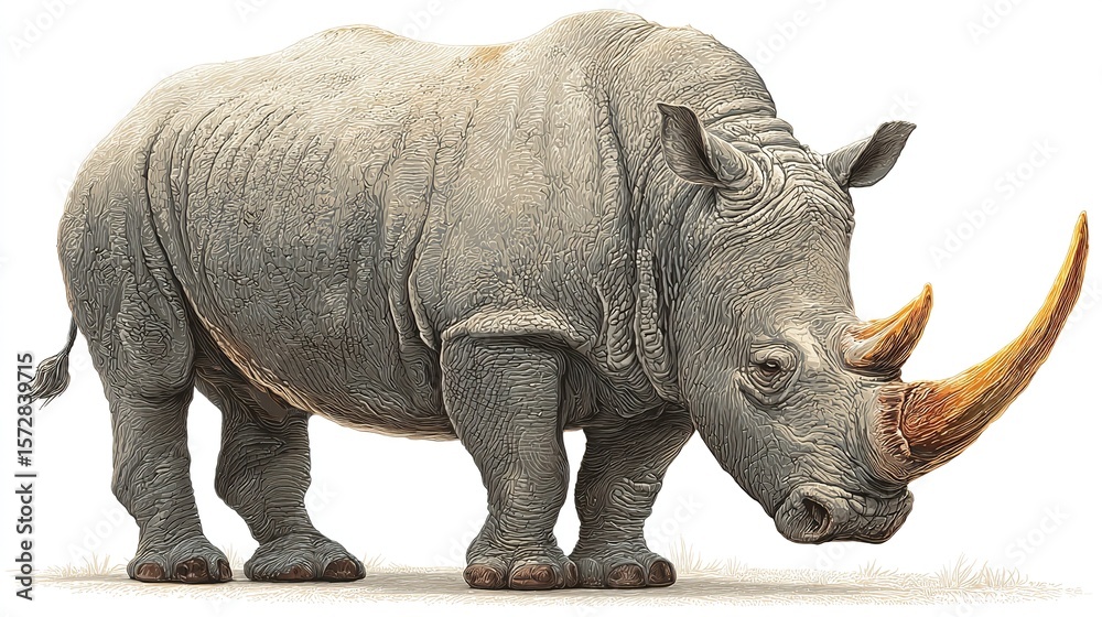 Naklejka premium Gray rhino, full shot, facing forward, with a single horn, stands on four legs on a light beige background