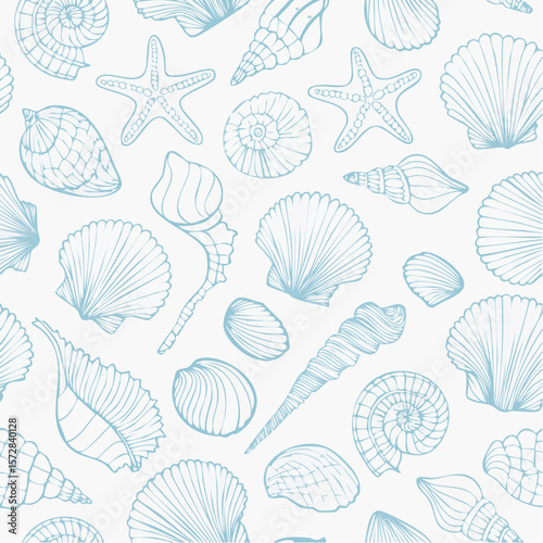Seamless vector banner with hand drawn sea shells, conch, tentacle, starfish, corals. Outline marine drawings on wide background. Pattern with sketch silhouettes of seashore elements
