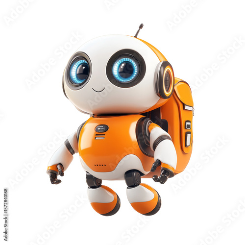 Cute orange robot with blue eyes and backpack bringing joy and innovation to every interaction