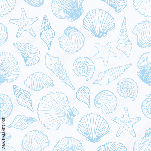 Seamless vector banner with hand drawn sea shells, conch, tentacle, starfish, corals. Outline marine drawings on wide background. Pattern with sketch silhouettes of seashore elements
