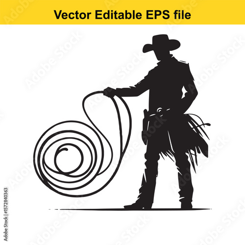 Silhouette of a Cowboy with Lasso Ready to Rope Livestock on the American Frontier Vector Art