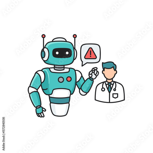 Flat icon of AI-robot alerting doctor about critical patient status