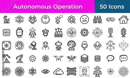 Autonomous systems icon set for robotics and logistics, a collection of outline symbols for delivery drones and smart factory automation.
